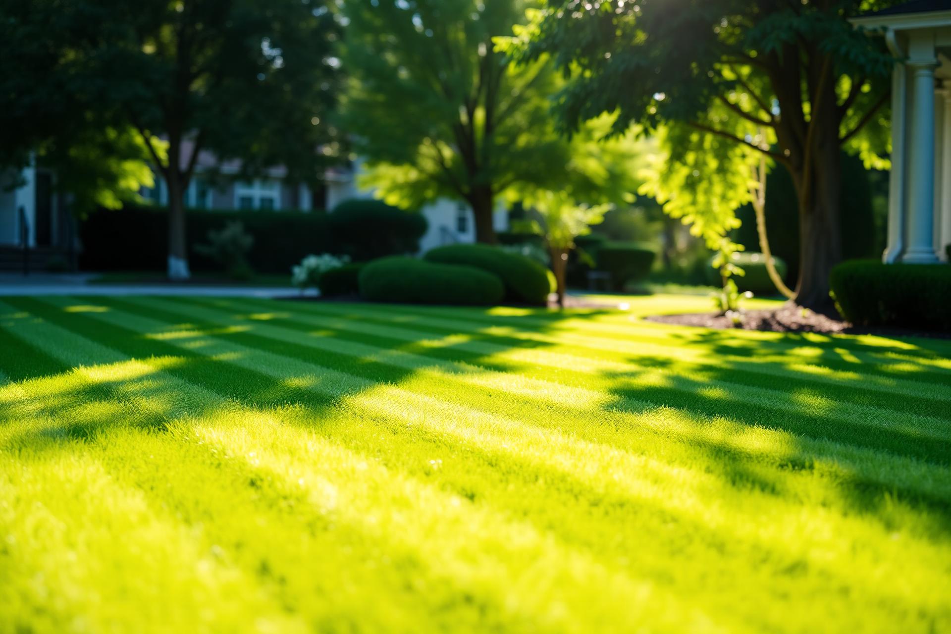 Freshly mowed, striped green lawn in the sunlight